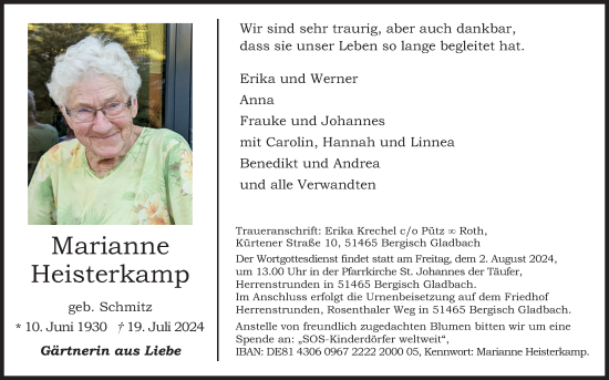 Anzeige von Marianne Heisterkamp von Kölner Stadt-Anzeiger / Kölnische Rundschau / Express