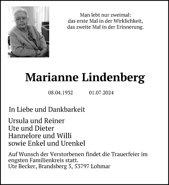 Anzeige von Marianne Lindenberg von Kölner Stadt-Anzeiger / Kölnische Rundschau / Express
