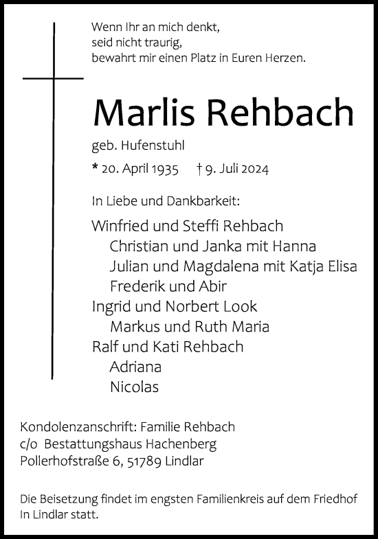 Anzeige von Marlis Rehbach von Kölner Stadt-Anzeiger / Kölnische Rundschau / Express
