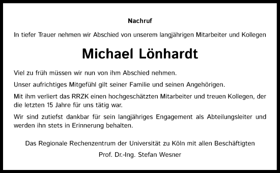 Anzeige von Michael Lönhardt von Kölner Stadt-Anzeiger / Kölnische Rundschau / Express