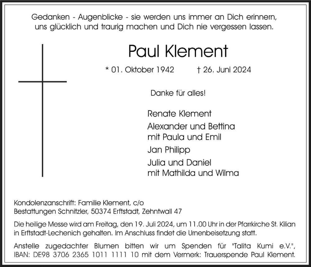  Traueranzeige für Paul Klement vom 05.07.2024 aus  Werbepost 