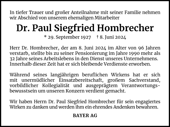 Anzeige von Paul Siegfried Hombrecher von Kölner Stadt-Anzeiger / Kölnische Rundschau / Express