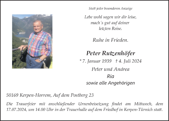 Anzeige von Peter Rutzenhöfer von  Werbepost 