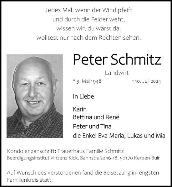 Anzeige von Peter Schmitz von  Werbepost 