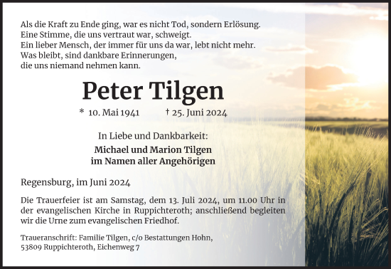 Anzeige von Peter Tilgen von Kölner Stadt-Anzeiger / Kölnische Rundschau / Express