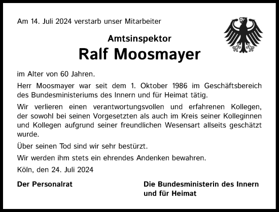 Anzeige von Ralf Moosmayer von Kölner Stadt-Anzeiger / Kölnische Rundschau / Express