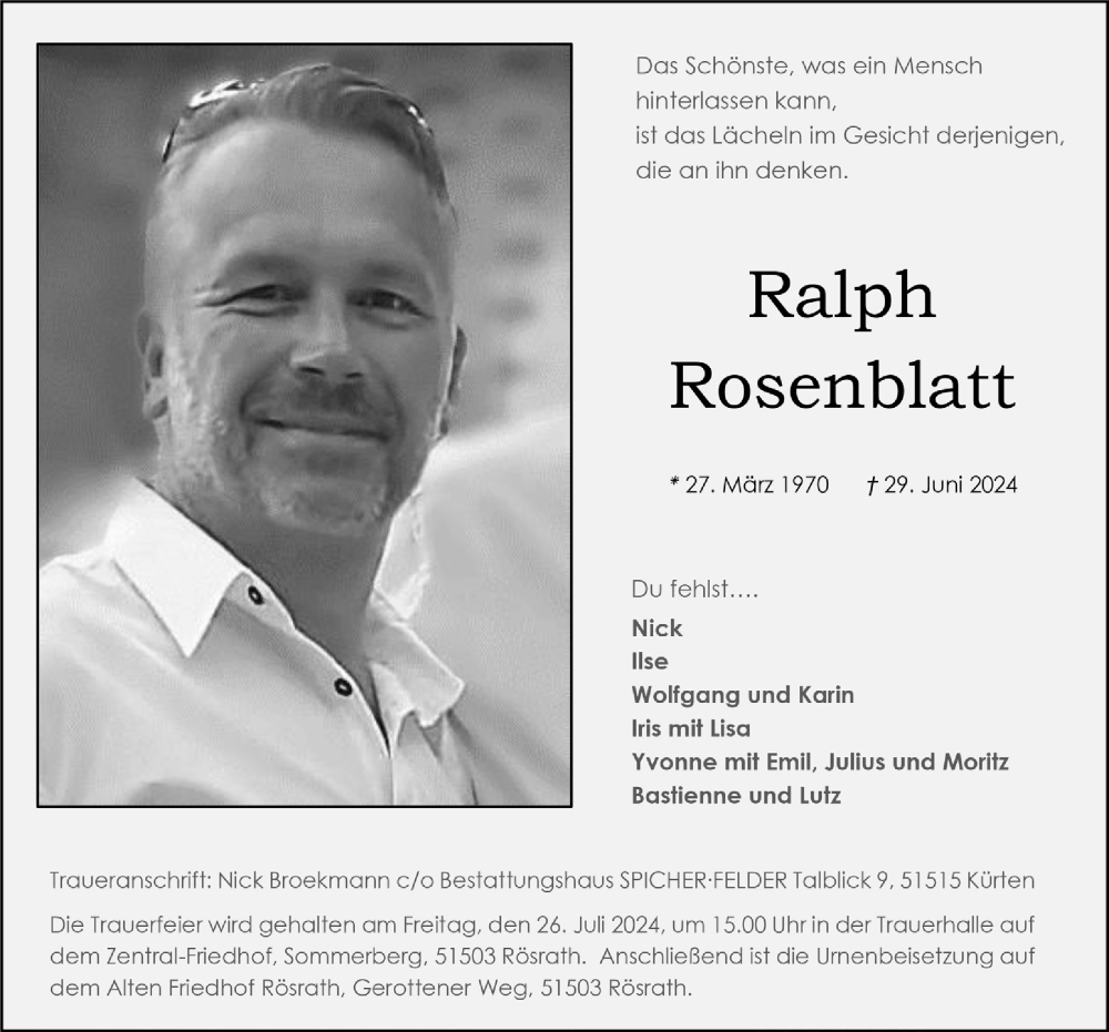  Traueranzeige für Ralph Rosenblatt vom 19.07.2024 aus  Bergisches Handelsblatt 