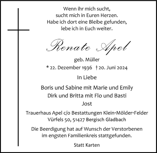 Anzeige von Renate Apel von  Bergisches Handelsblatt 
