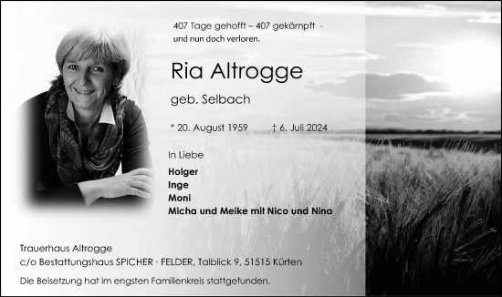 Anzeige von Ria Altrogge von Kölner Stadt-Anzeiger / Kölnische Rundschau / Express