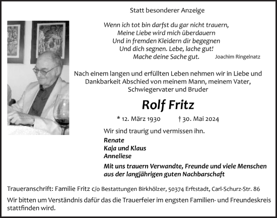 Anzeige von Rolf Fritz von  Werbepost 