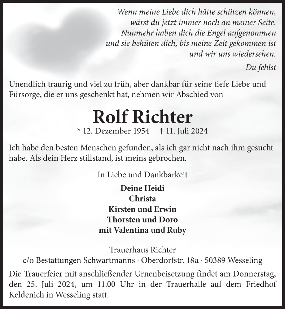  Traueranzeige für Rolf Richter vom 19.07.2024 aus  Schlossbote/Werbekurier 
