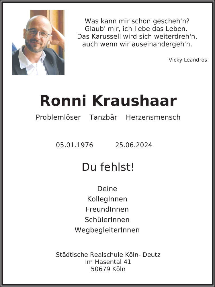  Traueranzeige für Ronni Kraushaar vom 02.07.2024 aus Kölner Stadt-Anzeiger / Kölnische Rundschau / Express