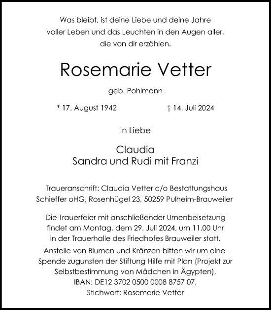 Anzeige von Rosemarie Vetter von Kölner Stadt-Anzeiger / Kölnische Rundschau / Express
