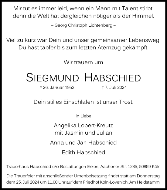 Anzeige von Siegmund Habschied von Kölner Stadt-Anzeiger / Kölnische Rundschau / Express