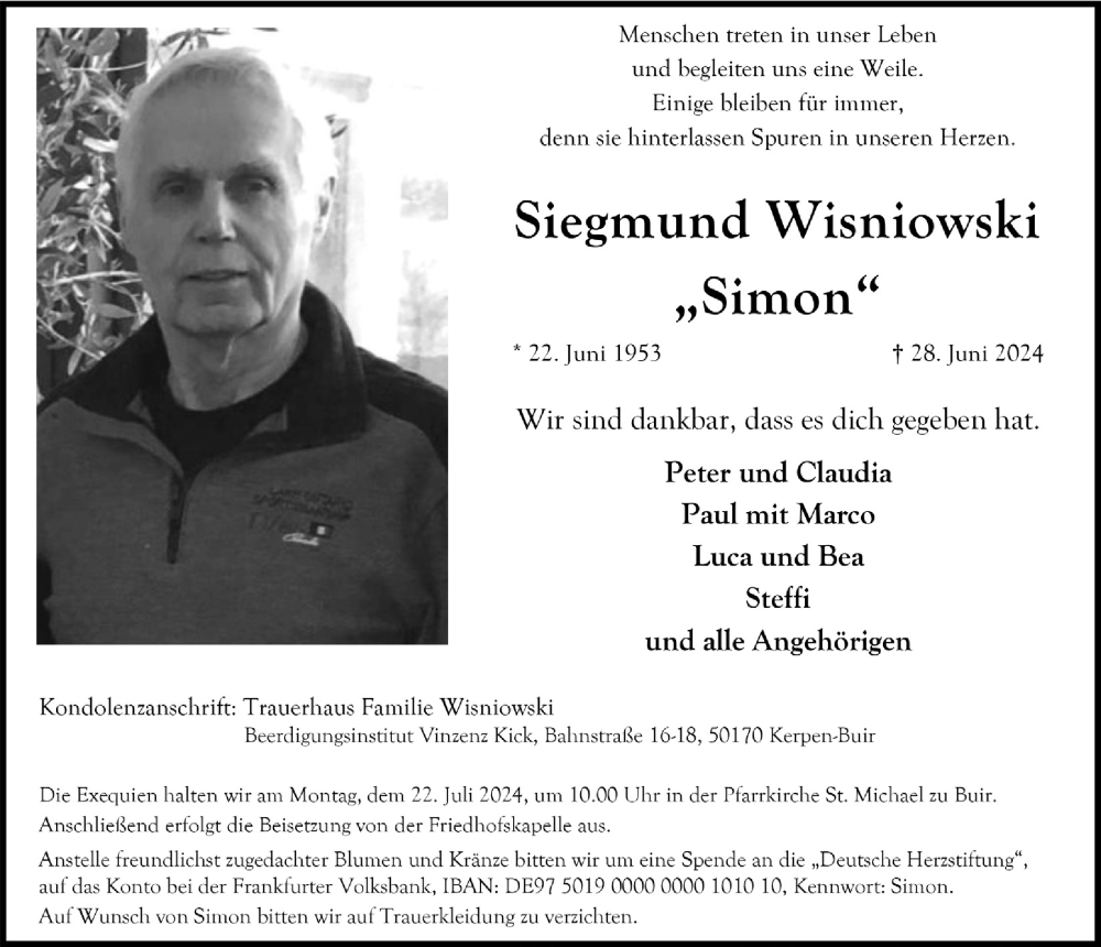  Traueranzeige für Siegmund Wisniowski vom 12.07.2024 aus  Werbepost 