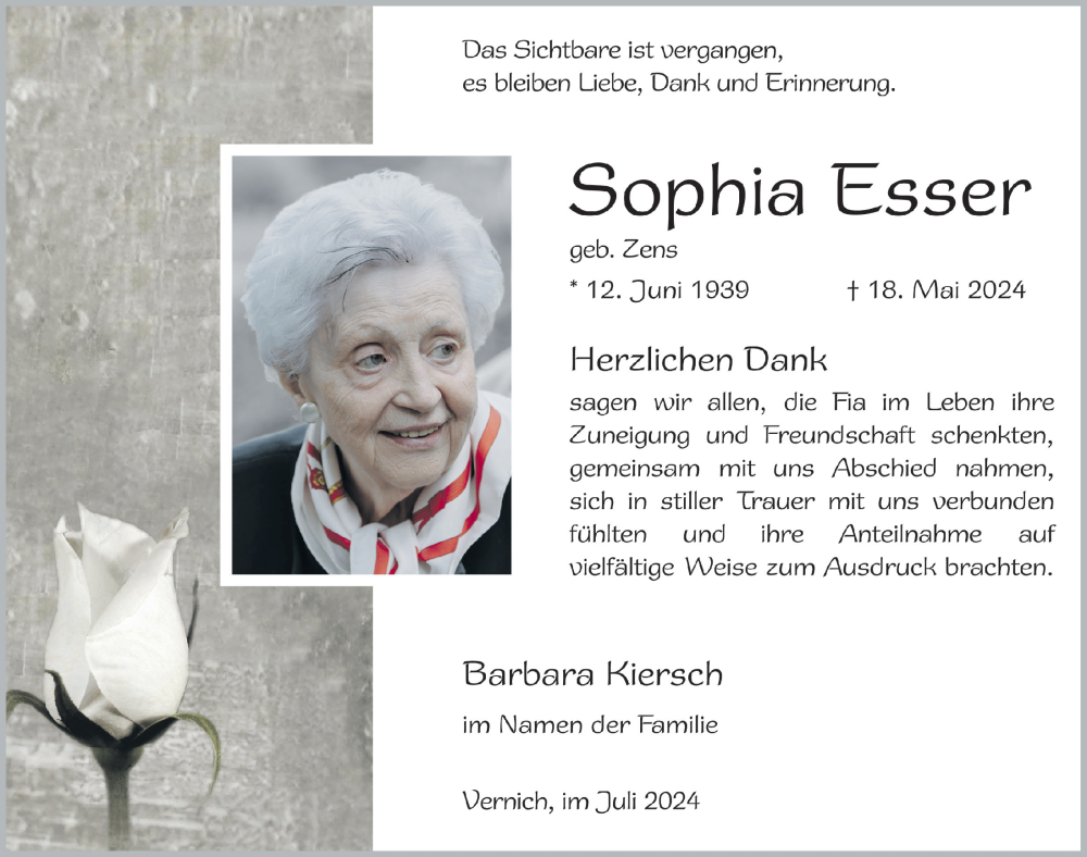  Traueranzeige für Sophia Esser vom 06.07.2024 aus  Blickpunkt Euskirchen 