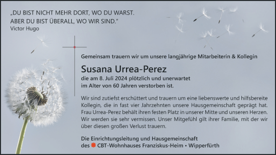 Anzeige von Susana Urrea-Perez von Kölner Stadt-Anzeiger / Kölnische Rundschau / Express