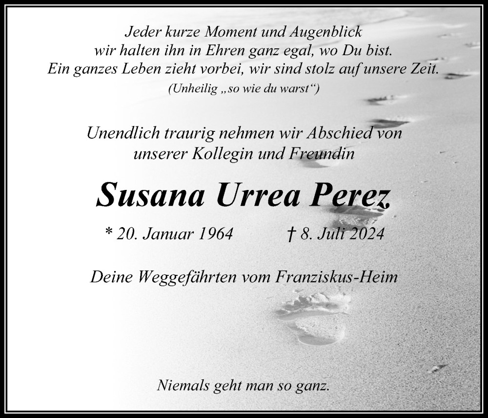  Traueranzeige für Susana Urrea Perez vom 20.07.2024 aus Kölner Stadt-Anzeiger / Kölnische Rundschau / Express