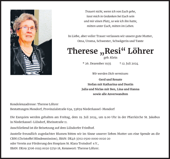 Anzeige von Therese Löhrer von Kölner Stadt-Anzeiger / Kölnische Rundschau / Express
