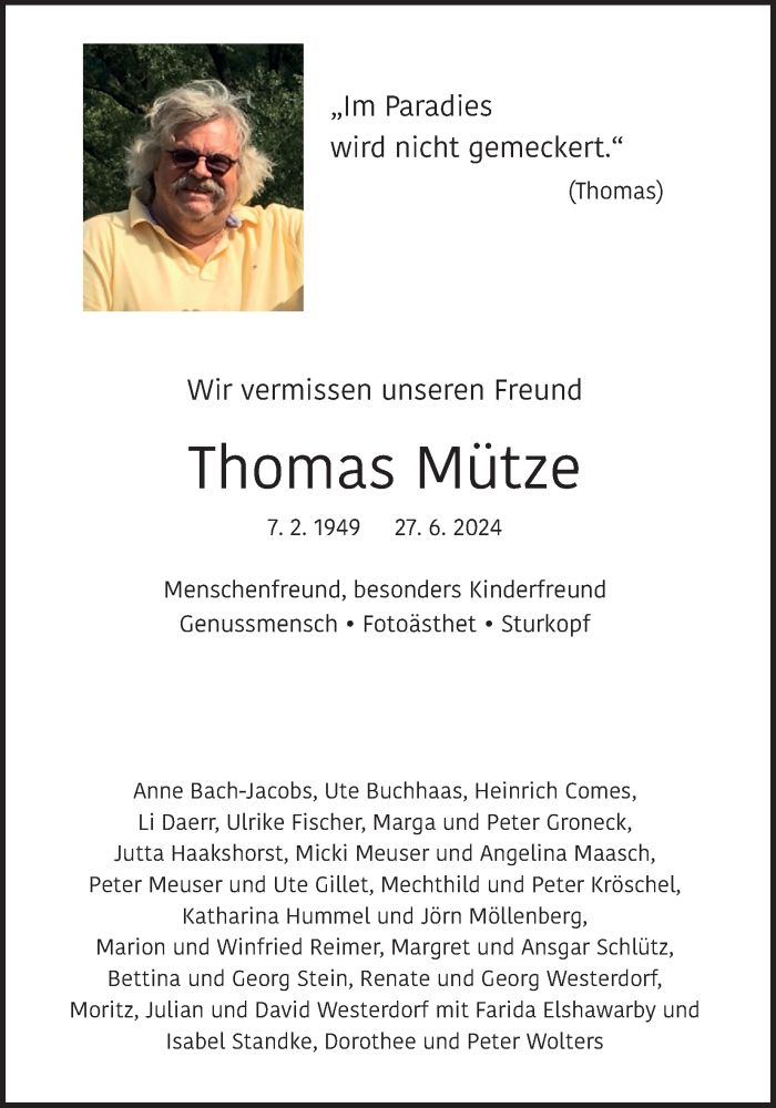  Traueranzeige für Thomas Mütze vom 06.07.2024 aus Kölner Stadt-Anzeiger / Kölnische Rundschau / Express