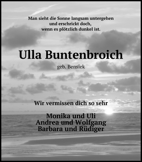 Anzeige von Ulla Buntenbroich von Kölner Stadt-Anzeiger / Kölnische Rundschau / Express
