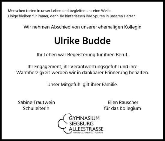Anzeige von Ulrike Budde von Kölner Stadt-Anzeiger / Kölnische Rundschau / Express