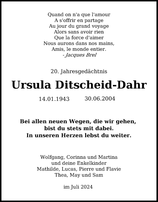 Anzeige von Ursula Ditscheid-Dahr von Kölner Stadt-Anzeiger / Kölnische Rundschau / Express