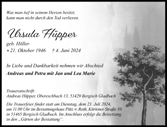 Anzeige von Ursula Hüpper von Kölner Stadt-Anzeiger / Kölnische Rundschau / Express