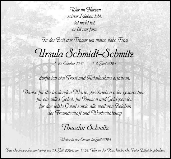Anzeige von Ursula Schmidt-Schmitz von  Blickpunkt Euskirchen 