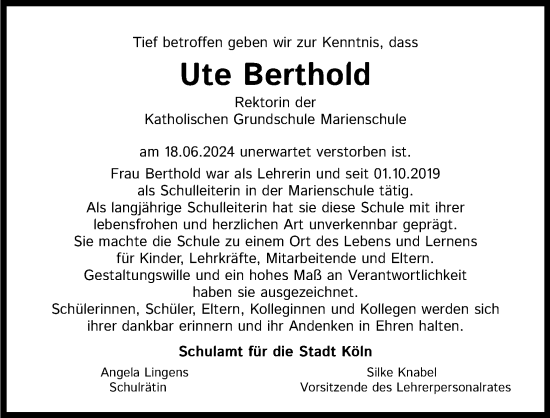Anzeige von Ute Berthold von Kölner Stadt-Anzeiger / Kölnische Rundschau / Express