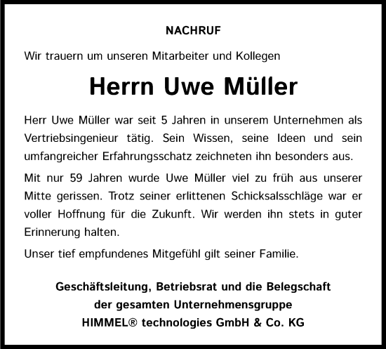 Anzeige von Uwe Müller von Kölner Stadt-Anzeiger / Kölnische Rundschau / Express