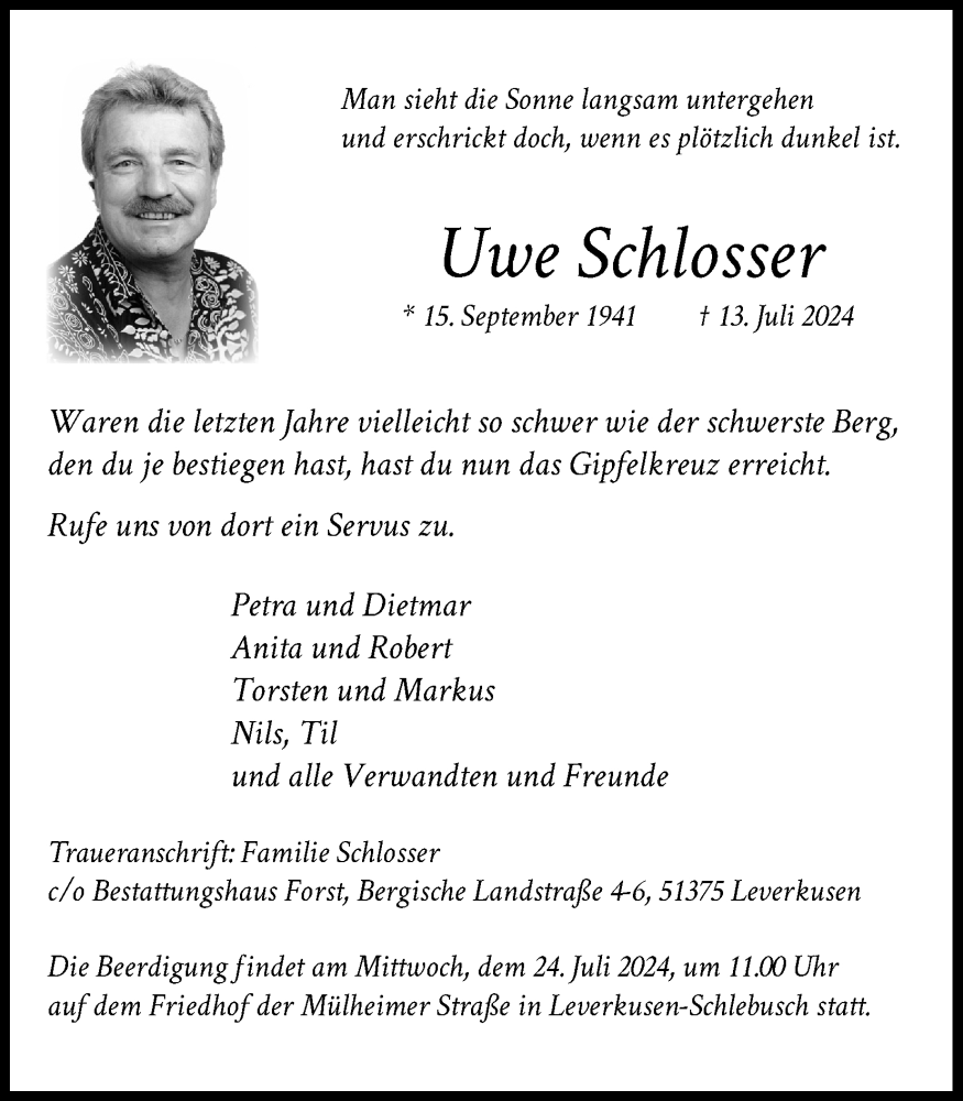  Traueranzeige für Uwe Schlosser vom 20.07.2024 aus Kölner Stadt-Anzeiger / Kölnische Rundschau / Express
