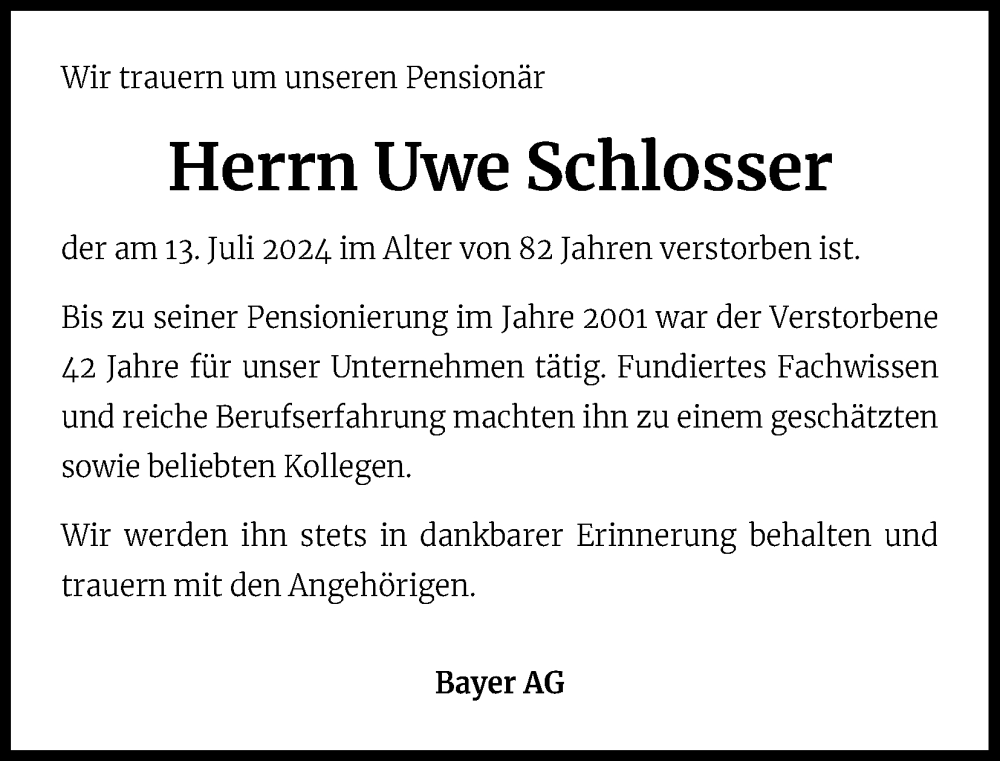  Traueranzeige für Uwe Schlosser vom 23.07.2024 aus Kölner Stadt-Anzeiger / Kölnische Rundschau / Express