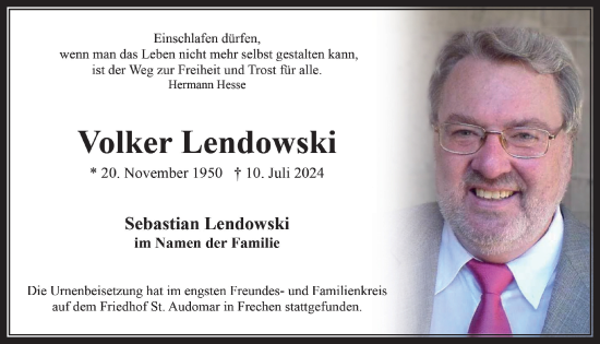 Anzeige von Volker Lendowski von  Wochenende 
