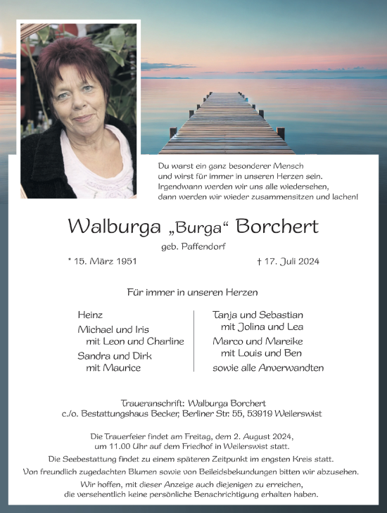 Anzeige von Walburga Borchert von  Blickpunkt Euskirchen 