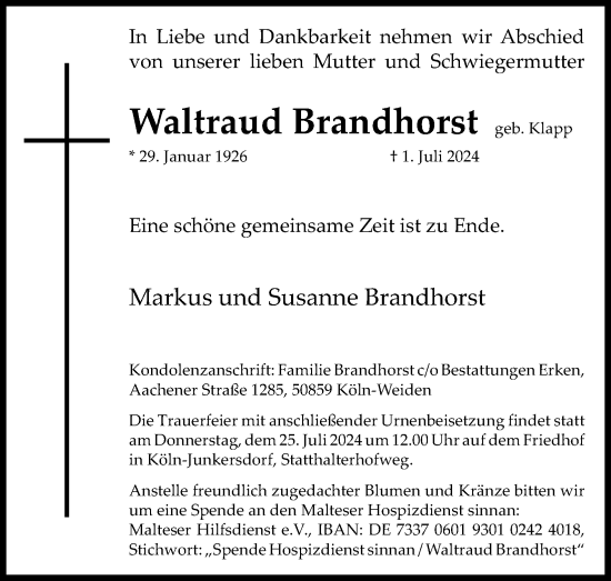 Anzeige von Waltraud Brandhorst von Kölner Stadt-Anzeiger / Kölnische Rundschau / Express
