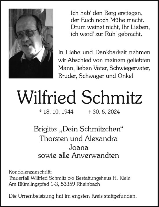 Anzeige von Wilfried Schmitz von  Schaufenster/Blickpunkt 