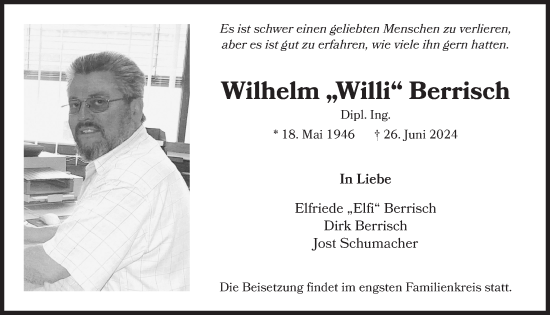 Anzeige von Wilhelm Berrisch von  Schlossbote/Werbekurier 