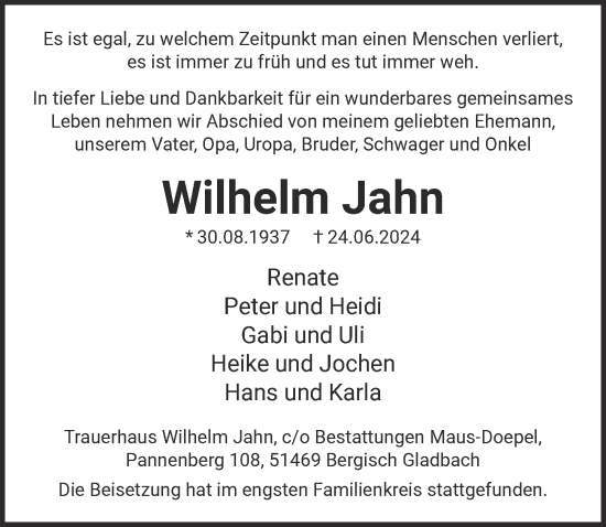Anzeige von Wilhelm Jahn von  Bergisches Handelsblatt 