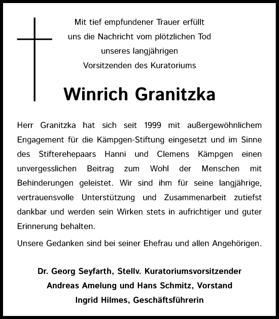 Anzeige von Winrich Granitzka von Kölner Stadt-Anzeiger / Kölnische Rundschau / Express