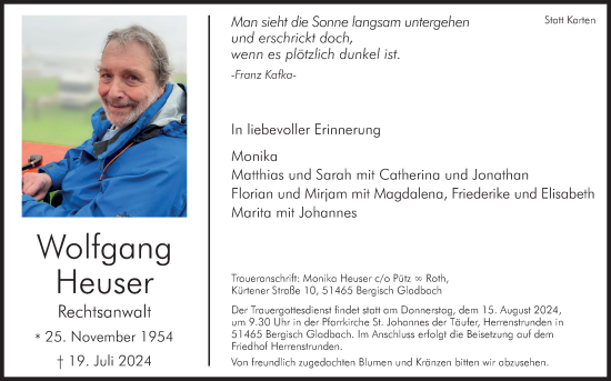 Anzeige von Wolfgang Heuser von Kölner Stadt-Anzeiger / Kölnische Rundschau / Express