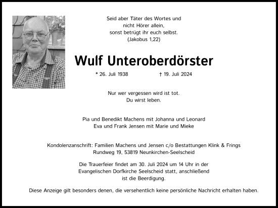 Anzeige von Wulf Unteroberdörster von Kölner Stadt-Anzeiger / Kölnische Rundschau / Express
