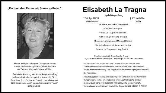 Anzeige von Elisabeth La Tragna von Kölner Stadt-Anzeiger / Kölnische Rundschau / Express