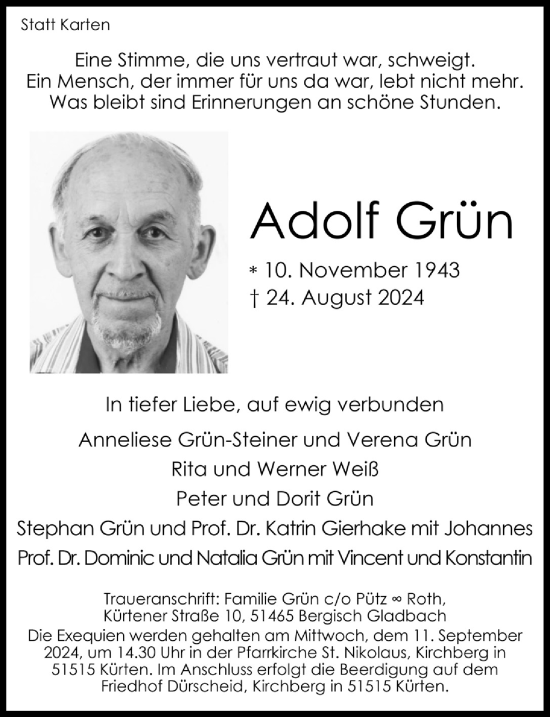 Anzeige von Adolf Grün von  Bergisches Handelsblatt 