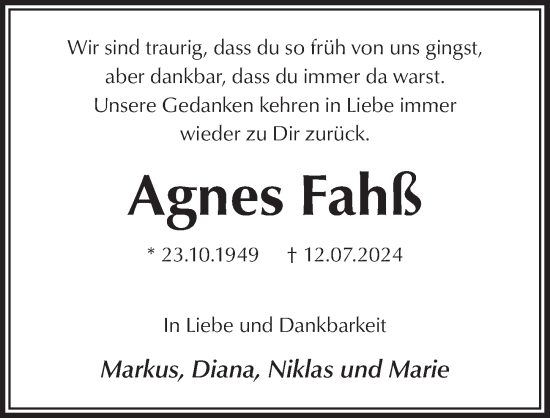 Anzeige von Agnes Fahß von  Schlossbote/Werbekurier 