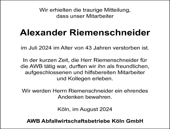 Anzeige von Alexander Riemenschneider von Kölner Stadt-Anzeiger / Kölnische Rundschau / Express