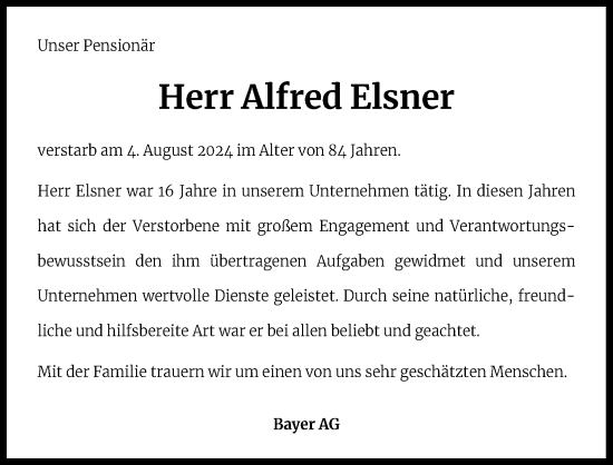 Anzeige von Alfred Elsner von Kölner Stadt-Anzeiger / Kölnische Rundschau / Express