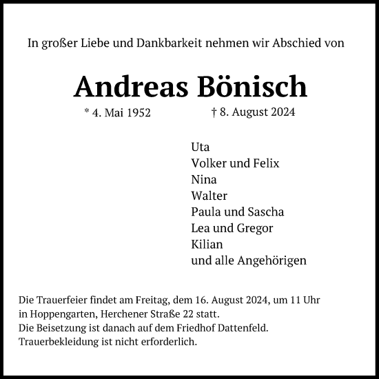 Anzeige von Andreas Bönisch von Kölner Stadt-Anzeiger / Kölnische Rundschau / Express