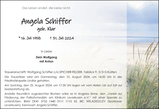 Anzeige von Angela Schiffer von Kölner Stadt-Anzeiger / Kölnische Rundschau / Express