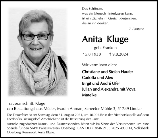 Anzeige von Anita Kluge von Kölner Stadt-Anzeiger / Kölnische Rundschau / Express